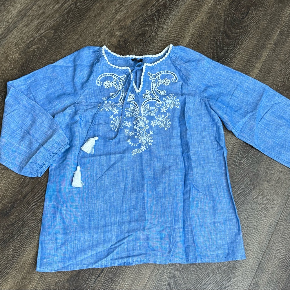 New! LINEN EMBROIDERED SPLIT NECK TOP - CROSS DYE